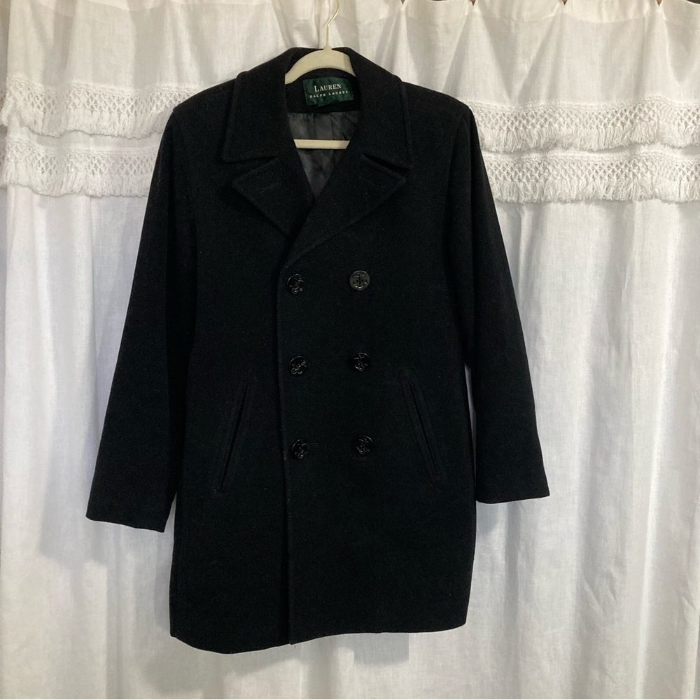 Vintage Lauren Ralph Lauren black wool cashmere blend pea coat wmns size 8 *flaw